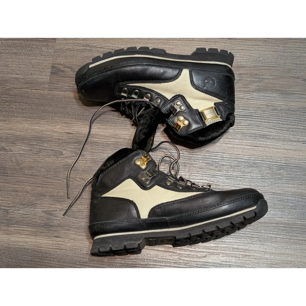 Timberland‎ Euro Hiker Boots Black Leather Tan Fabric Size 8M